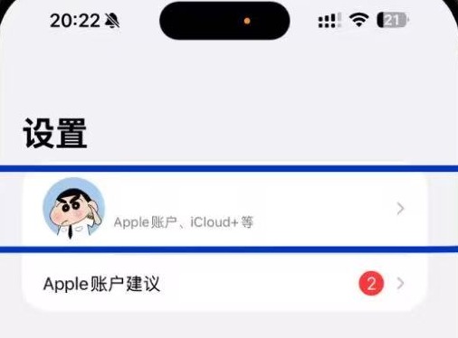 设置页面，点击顶部「Apple 账户、iCloud+ 等」